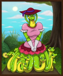 Size: 1297x1551 | Tagged: safe, artist:niko_the_bird, oc, oc:sylene, reptile, snake, anthro, bottomwear, clothes, dress, female, hat, headwear, hood, multiple heads, solo, solo female, sun hat, tongue, tongue out