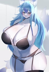 Size: 1788x2594 | Tagged: suggestive, artist:kakuteki11029, oc, oc:lily mari (arctica lily), arctic fox, canine, fox, mammal, anthro, blushing, bra, breasts, clothes, female, hyper, hyper breasts, panties, solo, solo female, tail, thick thighs, thighs, underwear, wide hips