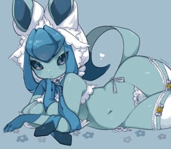 Size: 1504x1310 | Tagged: suggestive, artist:saamon_1010, eeveelution, fictional species, glaceon, mammal, anthro, nintendo, pokémon, big breasts, bra, breasts, clothes, female, lace, lace panties, lingerie, panties, solo, solo female, thick thighs, thighs, underwear, wide hips