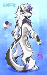 Size: 1293x2048 | Tagged: safe, artist:kitakettu, big cat, feline, mammal, tiger, anthro, 2022, ambiguous gender, auction, black nose, blue background, border, claws, color palette, digital art, fangs, fluff, fur, gray body, gray fur, multicolored body, multicolored fur, outline, paws, purple eyes, reference sheet, sharp teeth, simple background, tail, tail fluff, teeth, two toned body, two toned fur, white, white body, white fur, white outline