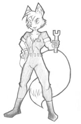 Size: 500x761 | Tagged: safe, artist:reddragonkan, oc, oc only, bovid, canine, goat, mammal, anthro, clothes, fur, jumpsuit, male, mechanic, pencil drawing, solo, solo male, tail, tool, traditional art, wrench