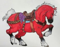 Size: 620x491 | Tagged: safe, artist:hyruleunicorn, epona (zelda), equine, horse, mammal, feral, nintendo, the legend of zelda, 2d, female, fur, hair, mane, mare, red body, red fur, saddle, simple background, solo, solo female, tail, traditional art, ungulate, white background, white hair, white mane, white tail