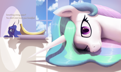 Size: 3367x2012 | Tagged: safe, artist:suhar, princess celestia (mlp), princess luna (mlp), alicorn, equine, fictional species, mammal, pony, feral, friendship is magic, hasbro, my little pony, 2022, banana, cloud, eyelashes, female, food, fruit, high res, horn, mare, multicolored mane, table, tired, window