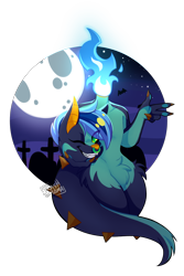 Size: 2328x3476 | Tagged: safe, artist:a-lovy, oc, oc only, oc:hearth taxel, chimera, dullahan, fictional species, hybrid, anthro, black sclera, blue fire, cemetery, claws, colored sclera, commission, detachable head, disembodied head, fangs, full moon, grin, halloween, headless, high res, holiday, looking at you, male, modular, moon, nose piercing, nose ring, one eye closed, piercing, sharp teeth, simple background, slit pupils, smiling, smiling at you, solo, solo male, spiked tail, teeth, transparent background, winking, ych result