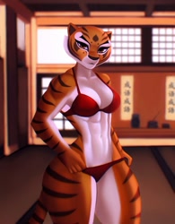 Size: 1305x1677 | Tagged: safe, artist:aozee, master tigress (kung fu panda), big cat, feline, mammal, tiger, anthro, dreamworks animation, kung fu panda, 2022, bedroom eyes, belly button, bikini, black nose, breasts, clothes, digital art, ears, eyelashes, female, fur, looking at you, pose, red bikini, red swimsuit, solo, solo female, striped body, striped fur, swimsuit, tail, thighs, wide hips