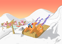 Size: 4093x2894 | Tagged: safe, artist:real-robertson, oc, oc only, oc:ember (hwcon), braid, braided tail, hair, hearth's warming con, mascot, netherlands, sign, snow, solo, tail, toboggan, town, windmill