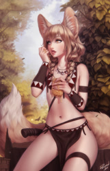 Size: 800x1244 | Tagged: safe, artist:personalami, oc, oc:khiara (personalami), animal humanoid, canine, fennec fox, fictional species, fox, mammal, humanoid, breasts, clothes, eating, female, honey, loincloth, sitting, small breasts, solo, solo female, tail, tribal outfit