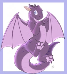 Size: 1167x1280 | Tagged: safe, artist:louart, dragon, fictional species, western dragon, feral, 2019, 2d, big wings, cute, looking at you, male, paw pads, paws, purple body, purple eyes, signature, smiling, smiling at you, solo, solo male, spread wings, wings