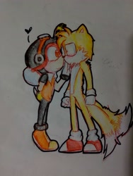 Size: 3120x4160 | Tagged: safe, artist:yarat14, charmy bee (sonic), miles "tails" prower (sonic), arthropod, bee, canine, fox, insect, mammal, sega, sonic the hedgehog (series), 2020, blushing, chaails (sonic), clothes, duo, duo male, english text, frowning, gloves, gray background, hand behind back, hand on face, heart, high res, irl, looking at each other, male, male/male, males only, photo, photographed artwork, shipping, shoes, shrunken pupils, simple background, smiling, socks, text, traditional art