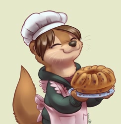 Size: 1760x1800 | Tagged: safe, artist:whitediamonds, oc, oc only, ferret, mammal, mustelid, anthro, 2022, 2d, apron, black nose, cake, clothes, cute, digital art, ears, eyes closed, food, fur, hair, jacket, male, simple background, solo, solo male, tail, topwear, whiskers