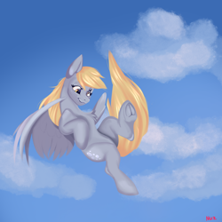 Size: 2048x2048 | Tagged: safe, artist:v-nuz, derpy hooves (mlp), equine, fictional species, mammal, pegasus, pony, friendship is magic, hasbro, my little pony, chest fluff, fluff, flying, hooves, lineless, sky background, solo, underhoof, wholesome
