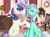 Size: 1339x993 | Tagged: safe, artist:freyamilk, bon bon (mlp), lyra heartstrings (mlp), earth pony, equine, fictional species, mammal, pony, unicorn, feral, friendship is magic, hasbro, my little pony, book, chair, clock, clothes, ears, female, female/female, feral/feral, floppy ears, glasses, glasses off, indoors, lamp, looking up, lyrabon (mlp), mare, scarf, shipping, sitting, smiling, snow, snowfall, snowflake, striped scarf, winter
