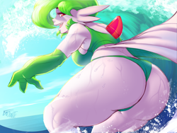 Size: 4000x3000 | Tagged: suggestive, artist:faejunkie, fictional species, gardevoir, anthro, nintendo, pokémon, 2022, beach, bedroom eyes, bent over, big breasts, bikini, breasts, butt, clothes, detailed background, digital art, ears, eyelashes, female, hair, looking at you, looking back, looking back at you, ocean, open mouth, rear view, sideboob, solo, solo female, surfing, swimsuit, thighs, tongue, water, wave, wedgie, wide hips