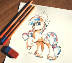 Size: 2048x1793 | Tagged: safe, artist:avui, oc, oc only, oc:ember (hwcon), earth pony, equine, fictional species, mammal, pony, hasbro, my little pony, colored pencil, dutch cap, eraser, hearth's warming con, hooves, mascot, nation ponies, netherlands, raised hoof, raised leg, solo, traditional art