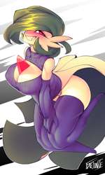 Size: 1500x2500 | Tagged: suggestive, artist:faejunkie, fictional species, gardevoir, anthro, nintendo, pokémon, 2022, bedroom eyes, belly button, bent over, big breasts, breasts, clothes, digital art, ears, evening gloves, eyelashes, female, gloves, hair, legwear, long gloves, looking at you, nipple outline, one eye closed, pose, smiling, smiling at you, solo, solo female, stockings, tank top, thighs, topwear, wide hips