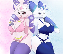 Size: 1280x1092 | Tagged: suggestive, artist:pilu21, lunamon, anthro, digimon, 2022, belly button, black nose, blushing, bra, breasts, butt, clothes, commission, digital art, duo, duo female, ears, eyelashes, female, females only, fur, hair, legwear, looking at you, morphomon, panties, pose, stockings, tail, thighs, underass, underwear, wide hips