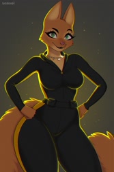 Size: 1900x2844 | Tagged: safe, artist:xensoi, diane foxington (the bad guys), canine, fox, mammal, anthro, dreamworks animation, the bad guys, 2022, breasts, clothes, digital art, ears, eyelashes, female, fur, hand on hip, jewelry, necklace, piercing, pink nose, solo, solo female, suit, tail, thighs, vixen, wide hips