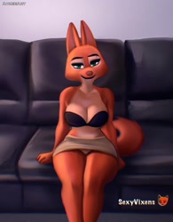 Size: 1367x1752 | Tagged: suggestive, artist:aozee, diane foxington (the bad guys), canine, fox, mammal, anthro, dreamworks animation, the bad guys, 2022, bottomwear, bra, breasts, cleavage, clothes, couch, detailed background, female, fur, looking at you, sitting, skirt, solo, solo female, underwear, upskirt