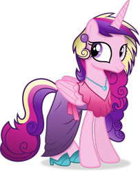 Size: 3418x4214 | Tagged: safe, artist:anime-equestria, princess cadence (mlp), alicorn, equine, fictional species, mammal, pony, feral, friendship is magic, gameloft, hasbro, my little pony, 2022, alternate hairstyle, bottomwear, clothes, dress, ear piercing, feathered wings, feathers, female, folded wings, hair, high res, horn, jewelry, mare, necklace, on model, piercing, shoes, simple background, smiling, solo, solo female, transparent background, vector, wings