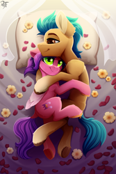 Size: 4000x6000 | Tagged: safe, artist:rainbowfire, hitch trailblazer (mlp), pipp petals (mlp), earth pony, equine, fictional species, mammal, pegasus, pony, feral, hasbro, my little pony, my little pony g5, my little pony: a new generation, spoiler, spoiler:my little pony g5, 2022, absurd resolution, bed, breeze, crossed hooves, cuddling, curtains, cute, duo, feathered wings, feathers, female, floppy ears, flower, grin, hitchpipp (mlp), hooves, hug, love, male, male/female, mare, plant, raised hoof, rose, rose petals, shipping, size difference, smiling, stallion, warm, wings