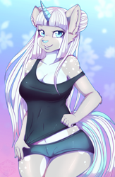 Size: 833x1280 | Tagged: safe, artist:cheezayballz, oc, oc only, canine, equine, fictional species, hybrid, mammal, pony, unicorn, anthro, 2016, belly button, bottomwear, clothes, commission, digital art, ears, eyelashes, female, fur, horn, shirt, shorts, solo, solo female, tail, topwear