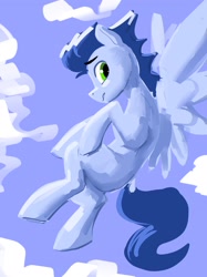 Size: 1535x2048 | Tagged: safe, artist:dimfann, soarin' (mlp), equine, fictional species, mammal, pegasus, pony, feral, friendship is magic, hasbro, my little pony, 2022, blue hair, blue mane, blue tail, feathered wings, feathers, flying, gray body, hair, male, mane, solo, solo male, stallion, tail, wings