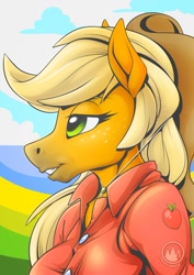 Size: 955x1351 | Tagged: safe, artist:mysticalpha, applejack (mlp), earth pony, equine, fictional species, mammal, pony, anthro, friendship is magic, hasbro, my little pony, 2022, anthrofied, blonde hair, blonde mane, bust, clothes, eyelashes, female, hair, hat, headwear, mane, mare, portrait, solo, solo female, stetson