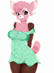 Size: 936x1280 | Tagged: safe, artist:cheezayballz, fictional species, stufful, anthro, nintendo, pokémon, 2016, black nose, bottomwear, breasts, clothes, commission, digital art, dress, ears, eyelashes, female, fur, looking at you, solo, solo female, tail