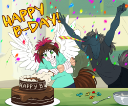 Size: 1808x1500 | Tagged: safe, artist:sunny way, oc, oc only, oc:steven saidon, oc:sunny way, equine, fictional species, horse, mammal, pegasus, pony, anthro, birthday, birthday cake, black body, black fur, brown hair, cake, clothes, cute, digital art, duo, ears, eyes closed, feathers, female, food, funny, fur, gift, hair, indoors, love, magenta hair, male, mare, multicolored hair, scared, shirt, stallion, tail, text, topwear, two toned hair, white body, white fur, wings