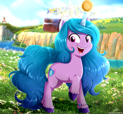 Size: 3742x3484 | Tagged: safe, artist:the-butcher-x, izzy moonbow (mlp), equine, fictional species, mammal, pony, unicorn, feral, hasbro, my little pony, my little pony g5, my little pony: a new generation, spoiler, spoiler:my little pony g5, ball, blue hair, blue mane, blue tail, bracelet, cute, detailed, detailed background, eyebrow through hair, eyebrows, female, flower, fur, grass, hair, happy, high res, hooves, horn, horn guard, hornball, izzy's tennis ball, izzybetes, jewelry, lighthouse, long hair, long tail, looking at you, mane, mare, maretime bay, nose, open mouth, open smile, orange tennis ball, pink eyes, plant, pose, purple body, purple coat, purple fur, purple hooves, raised hoof, scene, scenery, scenery porn, shadow, smiling, solo, solo female, standing, tail, tennis ball, tongue, unshorn fetlocks, watermark, zephyr heights
