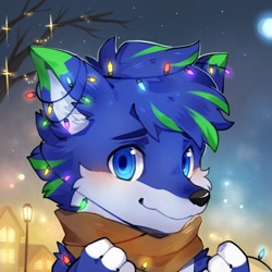 Size: 1200x1200 | Tagged: safe, artist:mintealon, oc, oc only, canine, mammal, anthro, 2020, black nose, blue body, blue eyes, blue fur, blushing, brown scarf, building, christmas, christmas lights, clothes, commission, countershading, detailed background, digital art, eyebrows, fur, green body, green fur, headshot, holiday, house, icon, kemono, lights, looking at you, male, moon, night, outdoors, paws, scarf, solo, solo male, three-quarter view, town