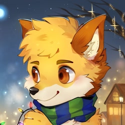 Size: 1200x1200 | Tagged: safe, artist:mintealon, oc, oc only, canine, mammal, anthro, brown body, brown ears, brown eyes, brown fur, building, christmas, christmas lights, commission, fur, hair, headshot, holiday, house, icon, light, lights, male, moon, outdoors, plant, solo, solo male, stars, tan body, tan fur, three-quarter view, tree, tree branch, yellow body, yellow fur, yellow hair