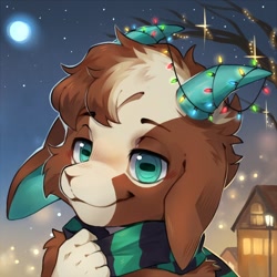 Size: 600x600 | Tagged: safe, artist:mintealon, oc, oc only, bovid, goat, mammal, anthro, black scarf, brown body, brown fur, building, bust, christmas, christmas lights, clothes, commission, cream body, cream fur, cyan eyes, cyan horns, floppy ears, fur, green scarf, hair, holiday, horns, house, icon, kemono, lights, looking at you, male, moon, night, outdoors, rectangular pupils, scarf, smiling, solo, solo male, stars, striped scarf, tan body, tan fur, teal eyes, town, tree branch