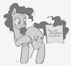 Size: 2912x2704 | Tagged: safe, artist:eunicidae, pinkie pie (mlp), earth pony, equine, fictional species, mammal, pony, feral, friendship is magic, hasbro, my little pony, 2022, female, grayscale, high res, mare, monochrome, open mouth, open smile, pointing, prehensile tail, sign, simple background, smiling, solo, solo female, tail, white background