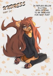 Size: 2023x2879 | Tagged: safe, artist:tinygaypirate, oc, oc:apogee (tinygaypirate), canine, dog, mammal, anthro, body markings, brown body, brown eyes, brown fur, brown hair, butt, clothes, female, fur, hair, legwear, looking at you, looking back, looking back at you, multicolored fur, off shoulder, panties, paw pads, paws, pinup, scarf, solo, solo female, stockings, sweater, toeless legwear, topwear, two toned body, two toned fur, underwear