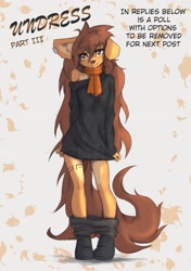 Size: 2023x2879 | Tagged: safe, artist:tinygaypirate, oc, oc:apogee (tinygaypirate), canine, dog, mammal, anthro, body markings, brown body, brown eyes, brown fur, brown hair, clothes, female, fur, hair, multicolored fur, off shoulder, off shoulder sweater, pants, pants pulled down, pinup, scarf, shoes, solo, solo female, sweater, topwear, two toned body, two toned fur