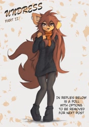 Size: 2023x2879 | Tagged: safe, artist:tinygaypirate, oc, oc:apogee (tinygaypirate), canine, dog, mammal, anthro, body markings, bottomwear, brown body, brown eyes, brown fur, brown hair, clothes, female, fur, hair, multicolored fur, pants, pinup, scarf, shoes, solo, solo female, sweater, topwear, two toned body, two toned fur