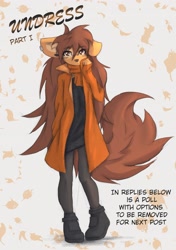 Size: 2023x2879 | Tagged: safe, artist:tinygaypirate, oc, oc:apogee (tinygaypirate), canine, dog, mammal, anthro, body markings, body markingsartist:tinygaypirate, bottomwear, brown body, brown eyes, brown fur, brown hair, clothes, coat, female, fur, hair, multicolored fur, pants, pinup, scarf, shoes, solo, solo female, sweater, topwear, two toned body, two toned fur