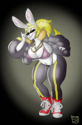 Size: 841x1280 | Tagged: suggestive, artist:lopland, oc, oc:amy summers, lagomorph, mammal, rabbit, anthro, 2022, belly button, belly button piercing, bikini, bikini top, breasts, chains, clothes, coat, commission, female, glasses, grin, hair, heels, high tops, huge breasts, jewelry, leaning forward, legwear, necklace, nipple outline, open coat, pants, piercing, pigtails, sneakers, solo, solo female, sunglasses, swimsuit, tight clothing, topwear, yoga pants