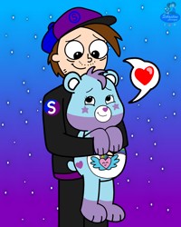 Size: 1616x2020 | Tagged: safe, alternate version, artist:mrstheartist, oc, oc:mr.s, bear, fictional species, human, mammal, semi-anthro, care bears, care bears: unlock the magic, belly badge, care bear, dream bright bear (cbutm), duo, duo male and female, female, gradient background, heart, holding, holding character, love heart, male, snapback