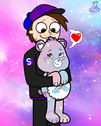 Size: 1616x2020 | Tagged: safe, artist:mrstheartist, oc, oc:mr.s, bear, fictional species, human, mammal, semi-anthro, care bears, care bears: unlock the magic, belly badge, black outline, care bear, care-a-lot bear (cbutm), digital art, gradient background, holding, holding a bear, looking at each other, medibang paint, smiling, snapback