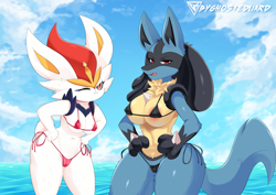 Size: 5261x3720 | Tagged: suggestive, alternate version, artist:byghosteduard, cinderace, fictional species, lucario, mammal, anthro, nintendo, pokémon, 2022, absurd resolution, areola, beach, bedroom eyes, belly button, bikini, cameltoe, clothes, cloud, detailed background, digital art, duo, duo female, ears, eyelashes, female, females only, fluff, fur, glistening, glistening body, hair, hand on hip, looking at you, micro bikini, neck fluff, ocean, one eye closed, pose, red nose, short tail, shoulder fluff, sky, spikes, starter pokémon, swimsuit, tail, thighs, tongue, unamused, water, wide hips