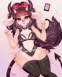 Size: 1091x1356 | Tagged: safe, artist:chikomokii, mammal, 2020, bangs, bed sheets, bedding background, black bra, black horns, black tail, bow, cell phone, clothes, collar, commission, female, fur, hair bow, legwear, looking at you, lying down, on back, open mouth, pattern clothing, phone, red bow, red eyes, smartphone, solo, solo female, spade tail, tail, tan body, tan fur, thigh highs, top view