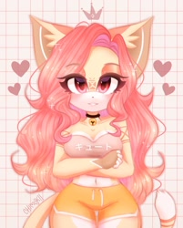 Size: 1120x1396 | Tagged: safe, artist:chikomokii, oc, oc only, cat, feline, mammal, anthro, abstract background, artist name, black collar, clothes, collar, crown, female, floating crown, front view, hair, headwear, heart, jewelry, long hair, looking at you, makeup, pink bra, pink eyelids, pink hair, red eyes, regalia, shaded, solo, solo female, text, text on bra, text on clothing, three-quarter portrait, yellow shorts