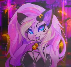 Size: 2000x1864 | Tagged: safe, artist:necromeowncer, oc, oc only, cat, feline, mammal, persian cat, anthro, 5 fingers, bell, bell collar, breasts, bridge piercing, cheek fluff, claws, clothes, collar, detailed background, digital art, ear fluff, ear piercing, eyelashes, facial piercing, facial tuft, fangs, female, fingers, fluff, fur, hair, halloween, high res, holiday, jewelry, lip piercing, looking at you, nose piercing, open mouth, open smile, paw pads, paws, piercing, pink hair, sharp teeth, smiling, snakebite piercing, solo, solo female, teeth, tongue
