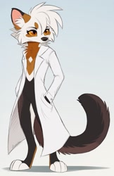 Size: 1075x1663 | Tagged: safe, artist:sailorrooscout, mammal, marten, mustelid, anthro, brown body, brown fur, ear fluff, ears, featureless crotch, fluff, fur, lab coat, male, orange eyes, paws, signature, solo, solo male, standing, tail, tan body, tan fur, white body, white fur
