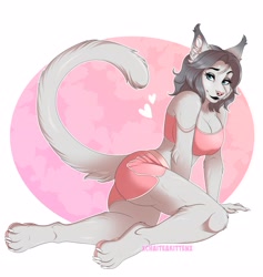 Size: 3554x3753 | Tagged: safe, artist:xchaiteakittenx, oc, oc only, cat, feline, mammal, anthro, digitigrade anthro, 2022, bottomwear, breasts, clothes, female, shorts, simple background, solo, solo female, sports bra, sports shorts, tail, topwear