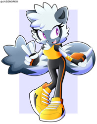 Size: 1024x1305 | Tagged: safe, artist:jasienorko, tangle the lemur (sonic), lemur, mammal, primate, ring-tailed lemur, anthro, idw sonic the hedgehog, sega, sonic the hedgehog (series), 2020, abstract background, black nose, bodysuit, breasts, clothes, eyelashes, female, fingerless gloves, fur, gesture, gloves, gray body, gray fur, gray hair, hair, looking at you, multicolored body, multicolored tail, open mouth, peace sign, purple eyes, shoes, smiling, smiling at you, solo, solo female, tail, teeth, tight clothing, tongue, watermark