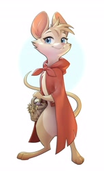 Size: 2508x4096 | Tagged: safe, artist:choecoga, mrs. brisby (the secret of nimh), mammal, mouse, rodent, anthro, sullivan bluth studios, the secret of nimh, 2022, 2d, basket, blue eyes, cloak, container, digital art, ears, female, field mouse, fur, murine, paws, simple background, solo, solo female, tail, tan body, tan fur