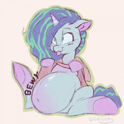 Size: 1280x1280 | Tagged: suggestive, artist:wildegems, misty (mlp g5), equine, fictional species, mammal, pony, unicorn, hasbro, my little pony, my little pony g5, spoiler:my little pony g5, belly, belly button, big belly, clothes, female, hair, hair over one eye, horn, mare, pregnant, shirt, shirt lift, solo, solo female, spread legs, spreading, tongue, tongue out, topwear
